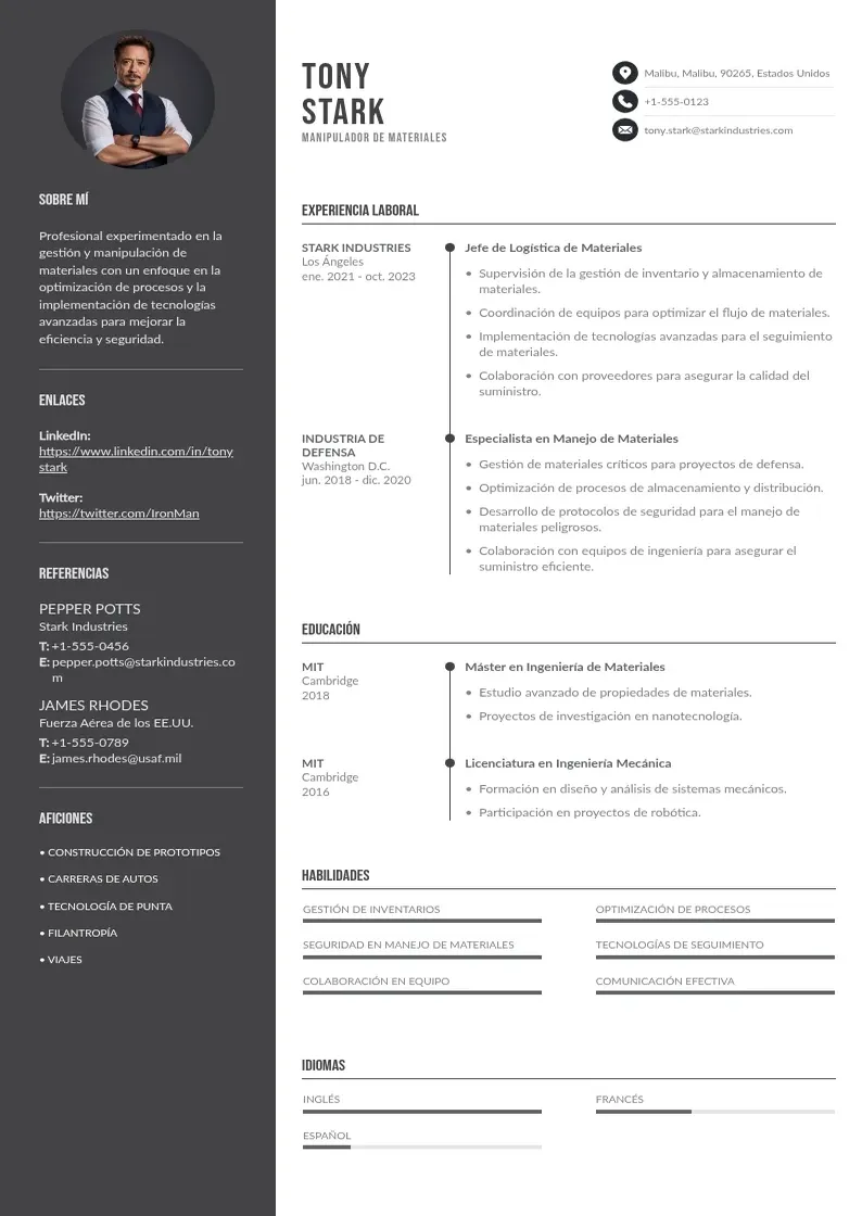 two column cv-manipulador-de-materiales resume example