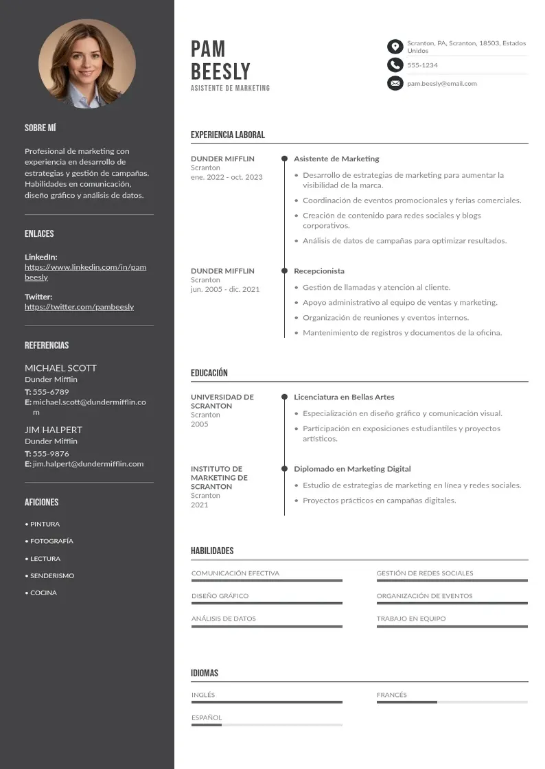 two column asistente-de-marketing resume example