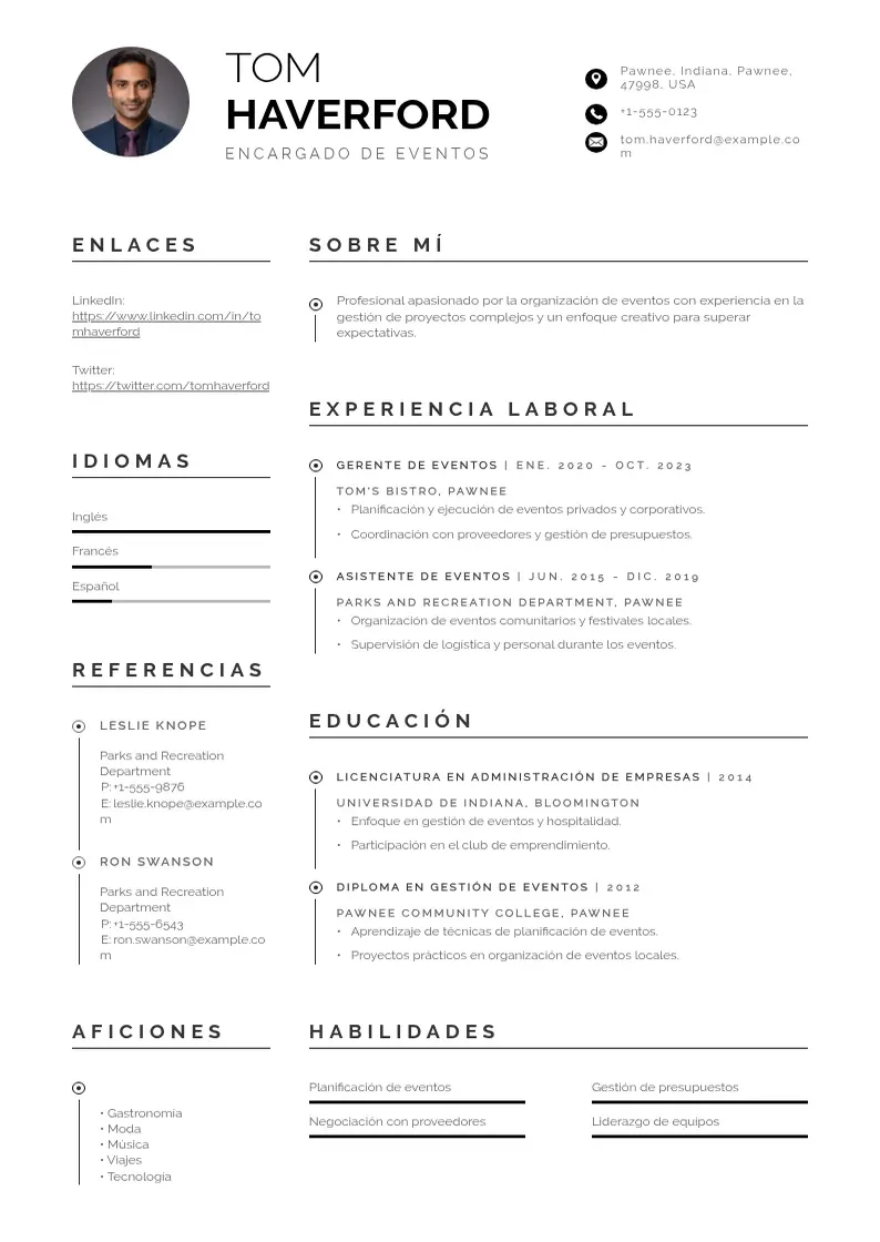two column cv-encargado-de-eventos resume example