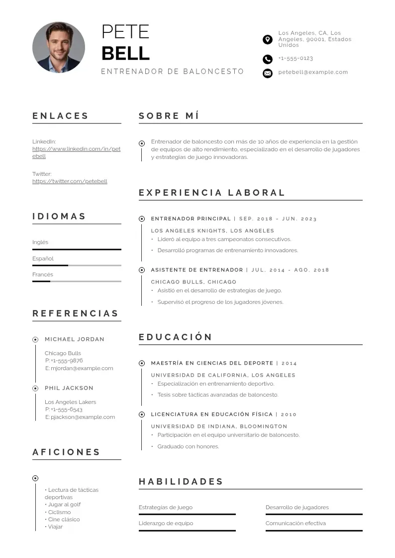 two column entrenador-de-baloncesto resume example