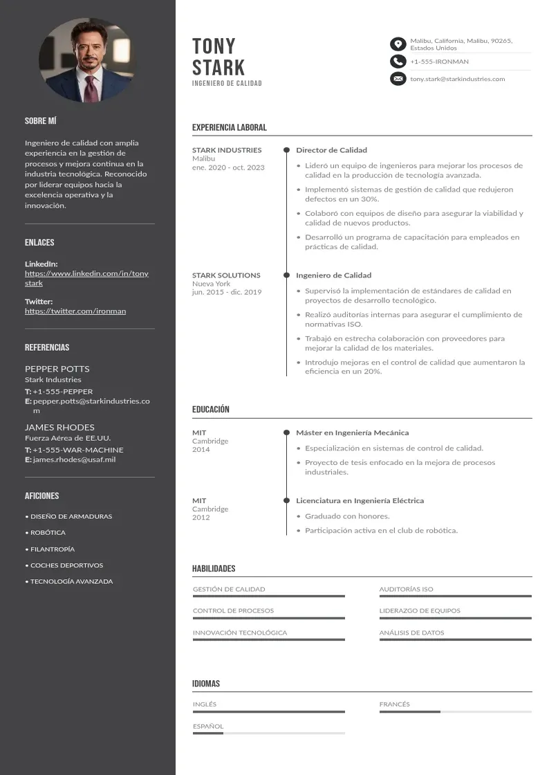two column cv-ingeniero-de-calidad resume example