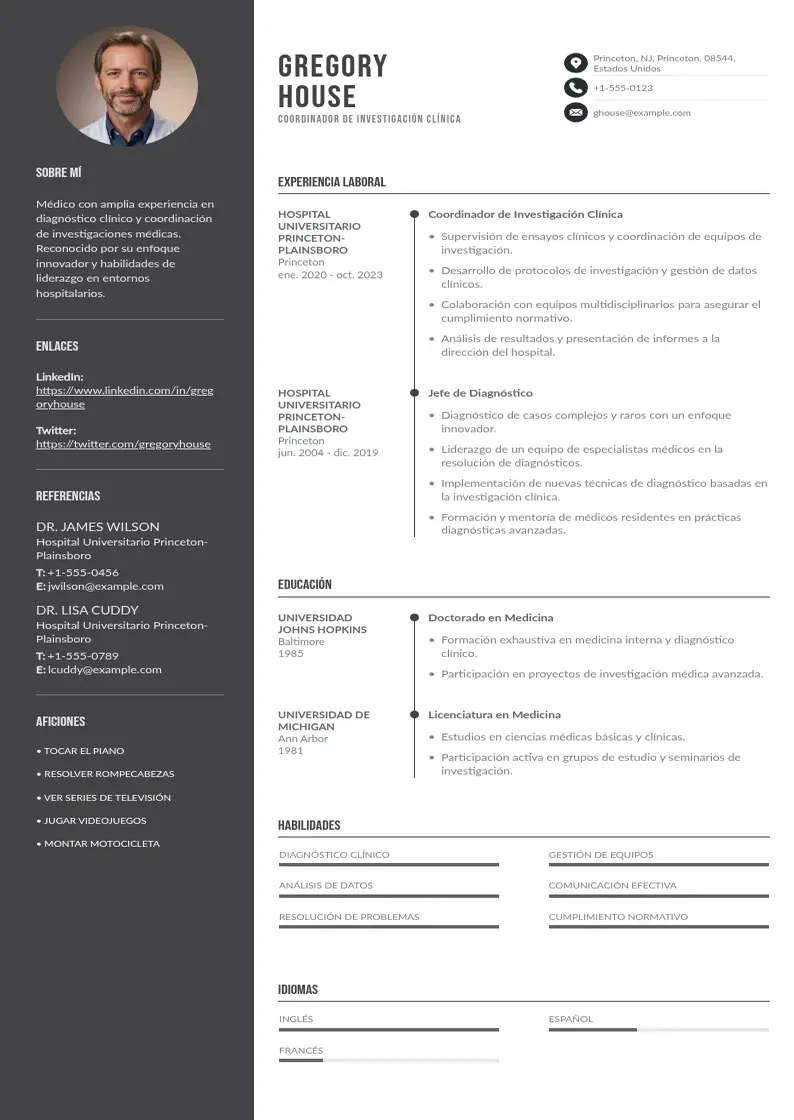 two column cv-coordinador-de-investigacion-clinica resume example