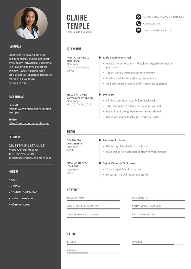 Divu kolonnu Evde Sağlık Hemşiresi  CV piemērs