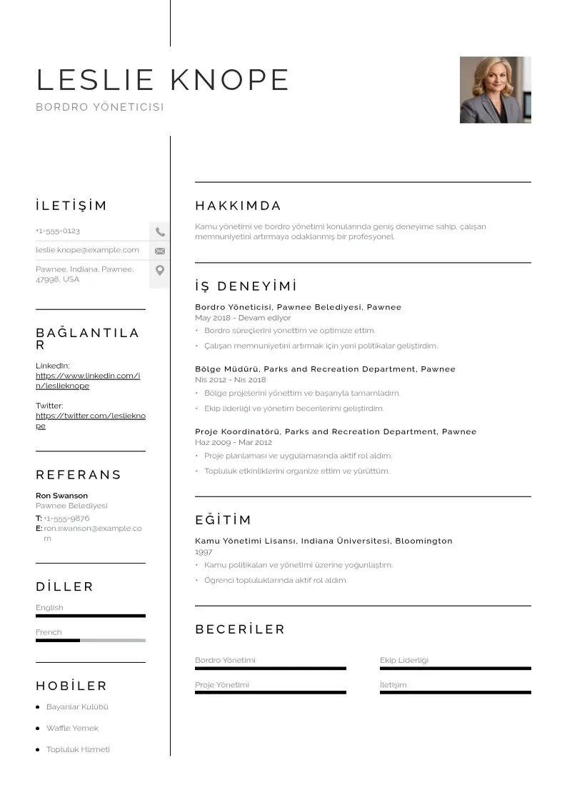 Vienkārša Bordro Yöneticisi  CV piemērs
