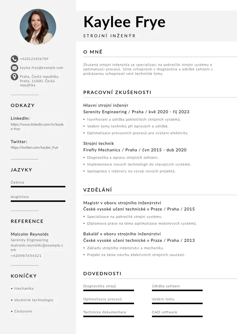 Mūsdienīga Zivotopis strojniho inzenyra CV veidne
