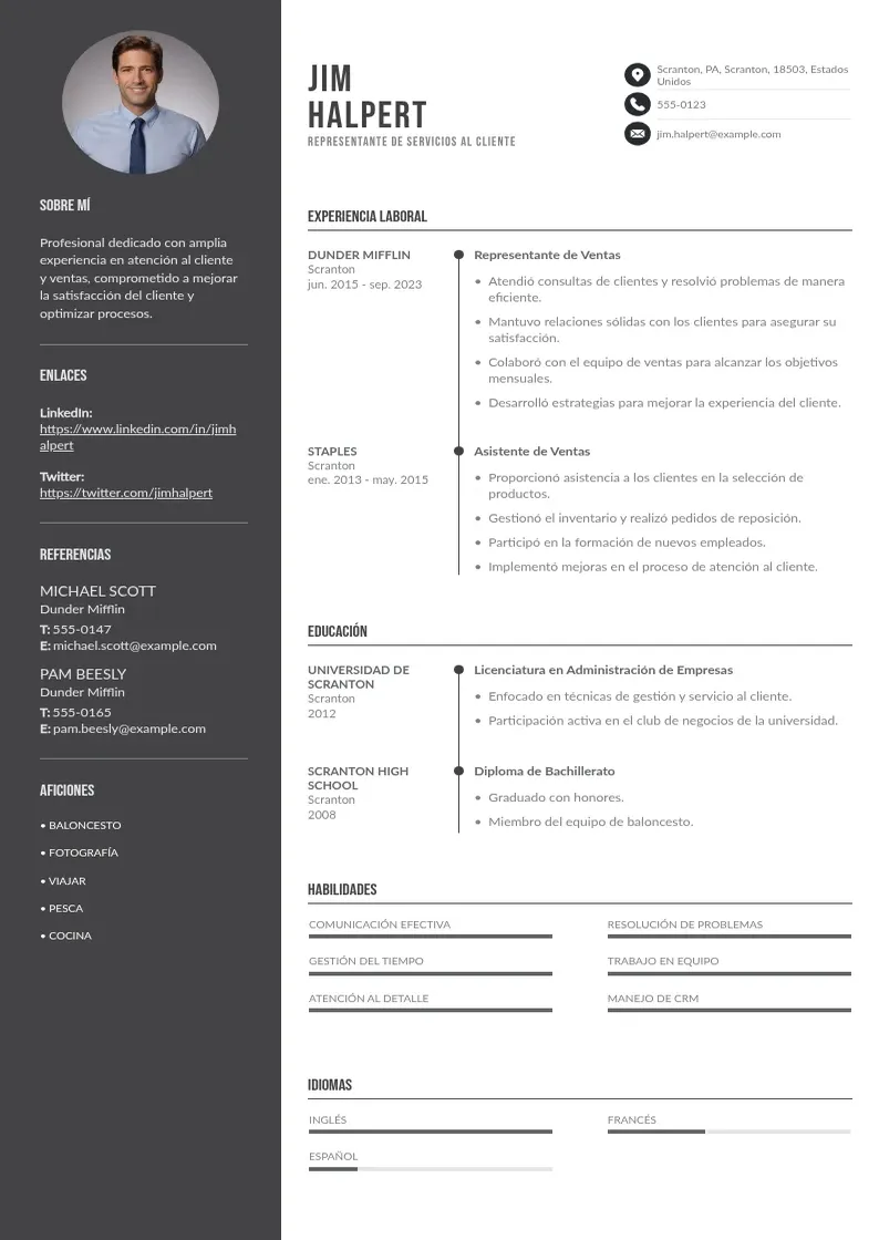 two column cv-representante-de-servicios-al-cliente resume example