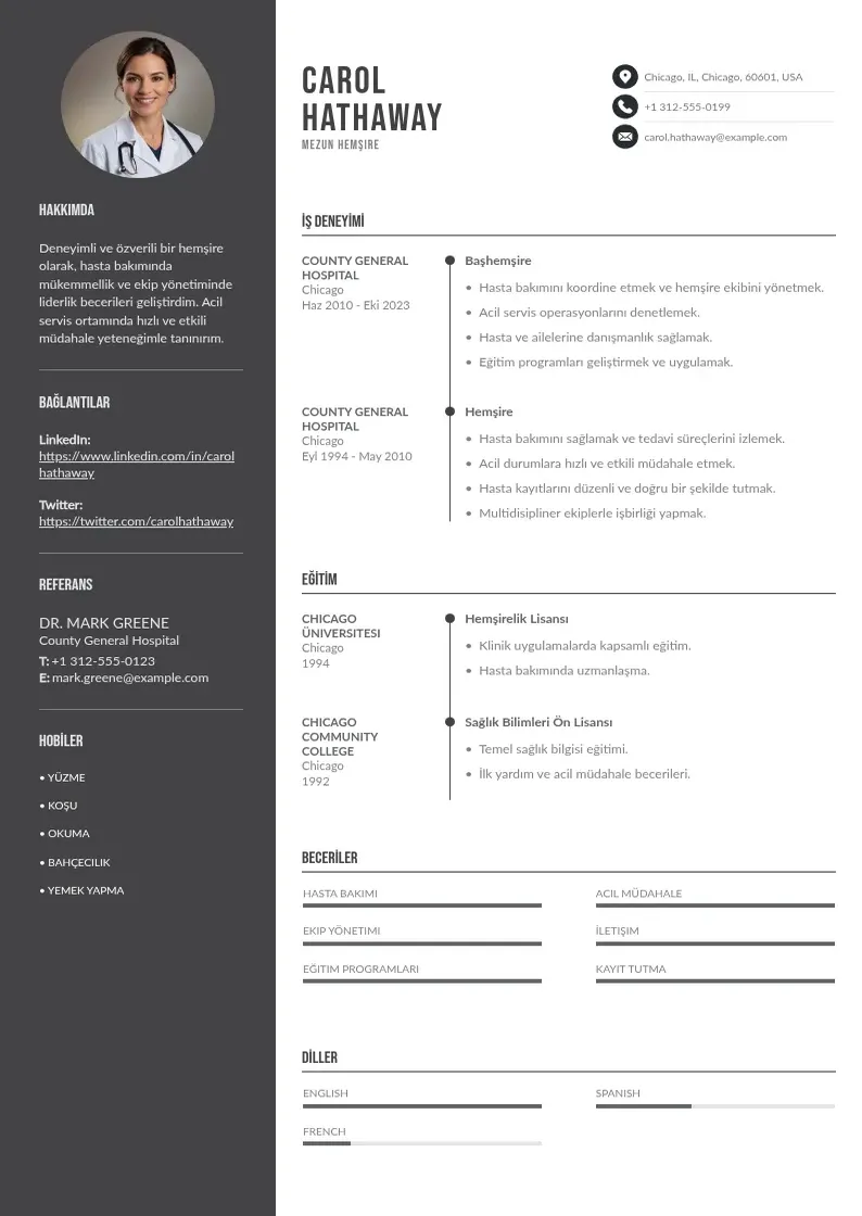 Divu kolonnu Mezun Hemşire  CV piemērs