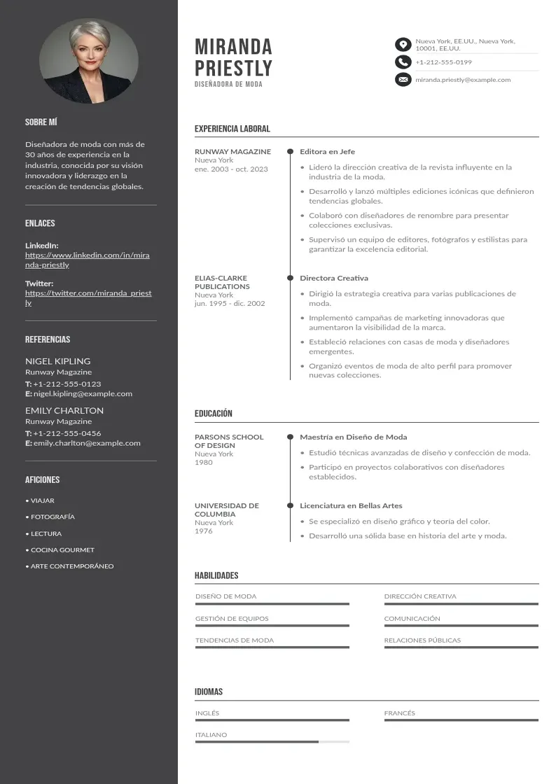 two column cv-disenador-de-moda resume example