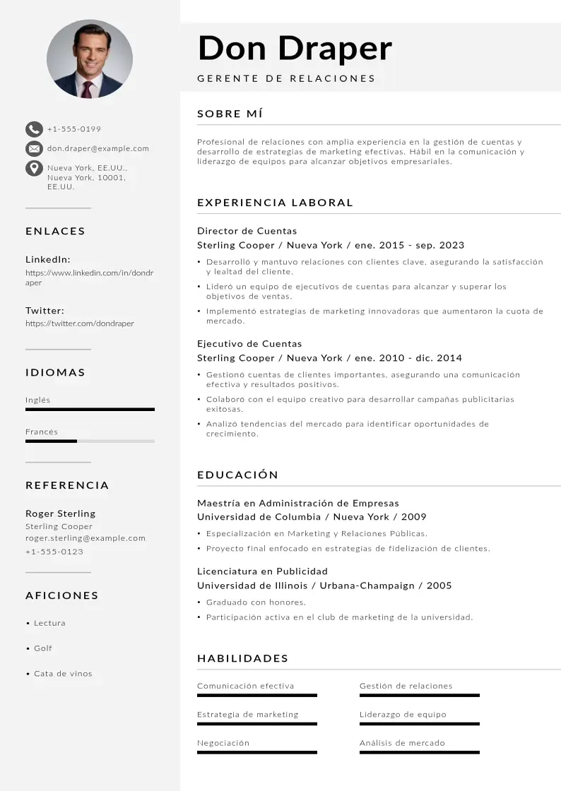 two column gerente-de-relaciones resume example