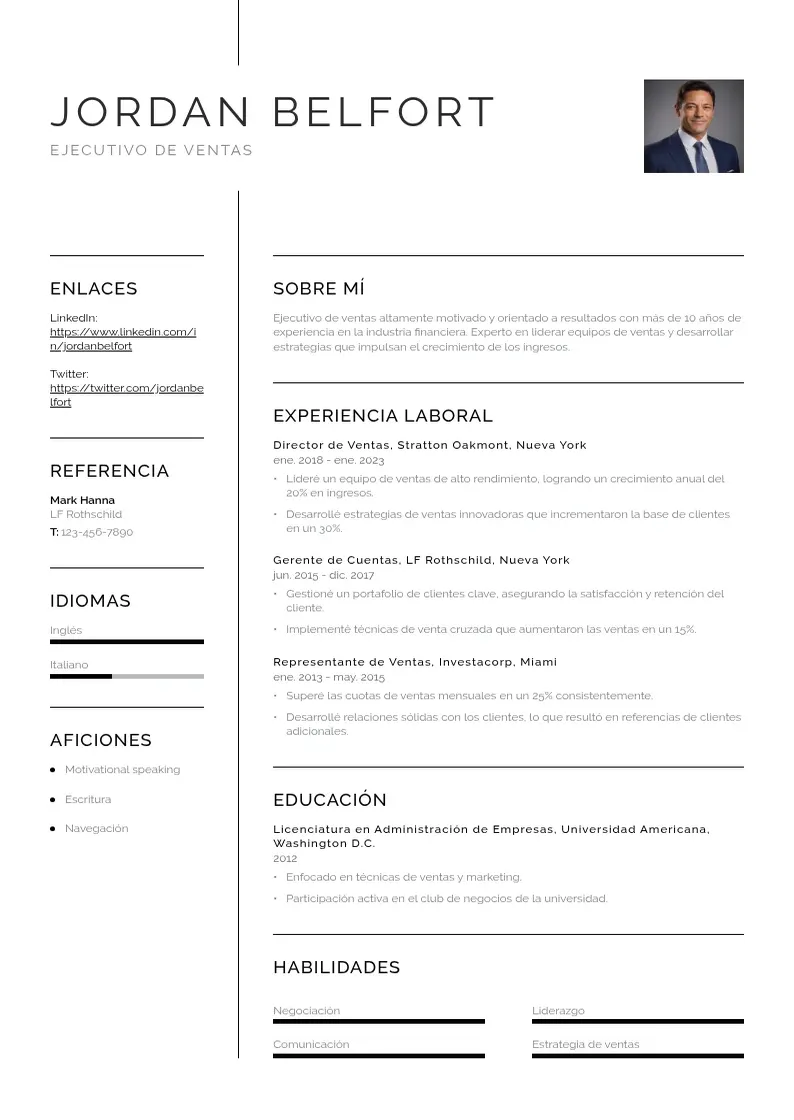 two column cv-ejecutivo-de-ventas resume example