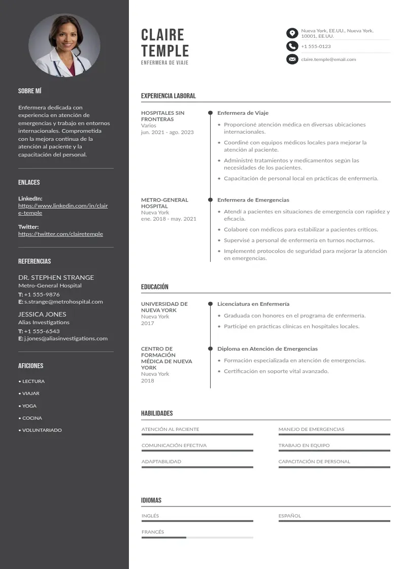 two column cv-enfermera-de-viaje resume example