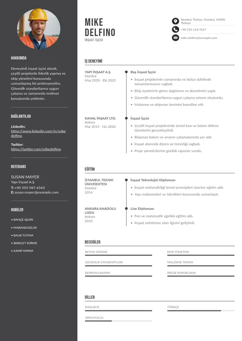 Divu kolonnu Insaat iscisi si CV piemērs