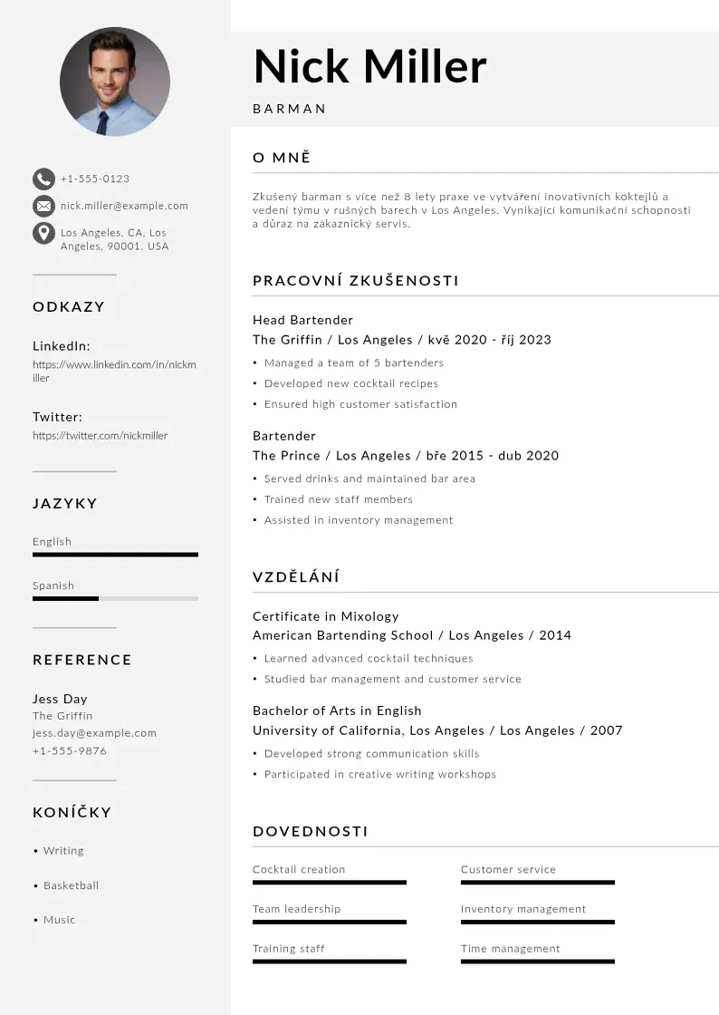 Mūsdienīga Zivotopis barmana CV veidne