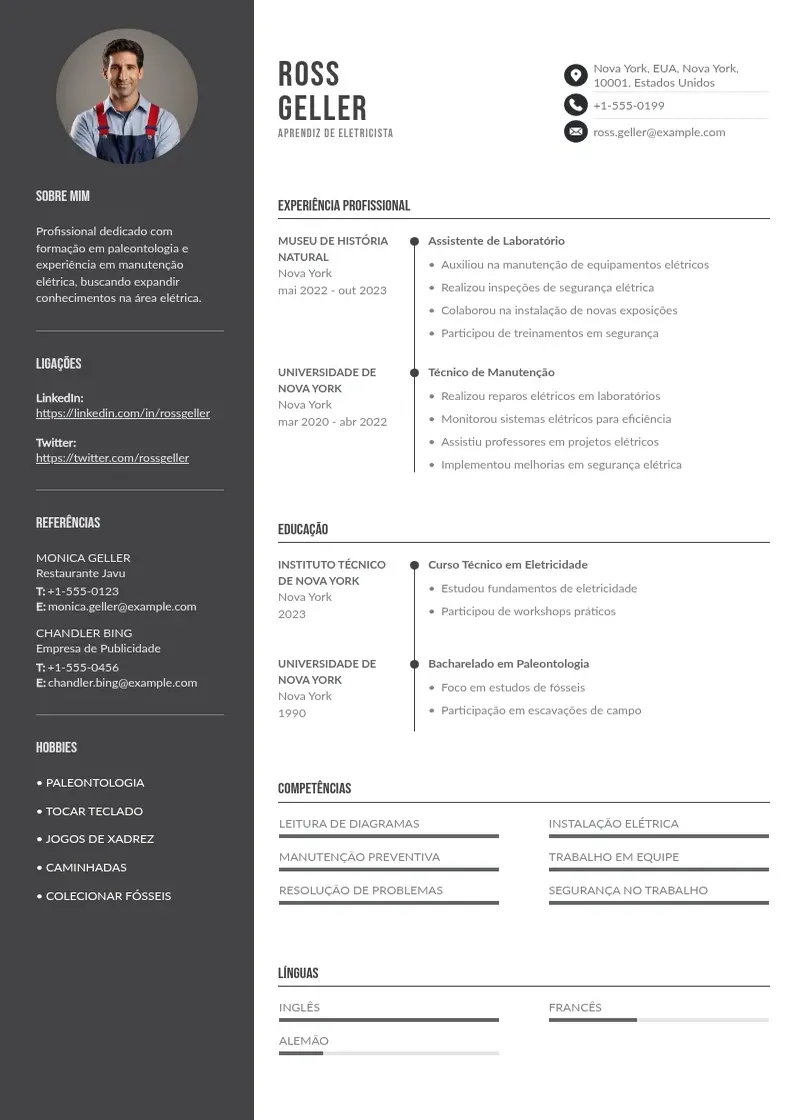 Exemplo de currículo de De aprendiz de eletricista em duas colunas