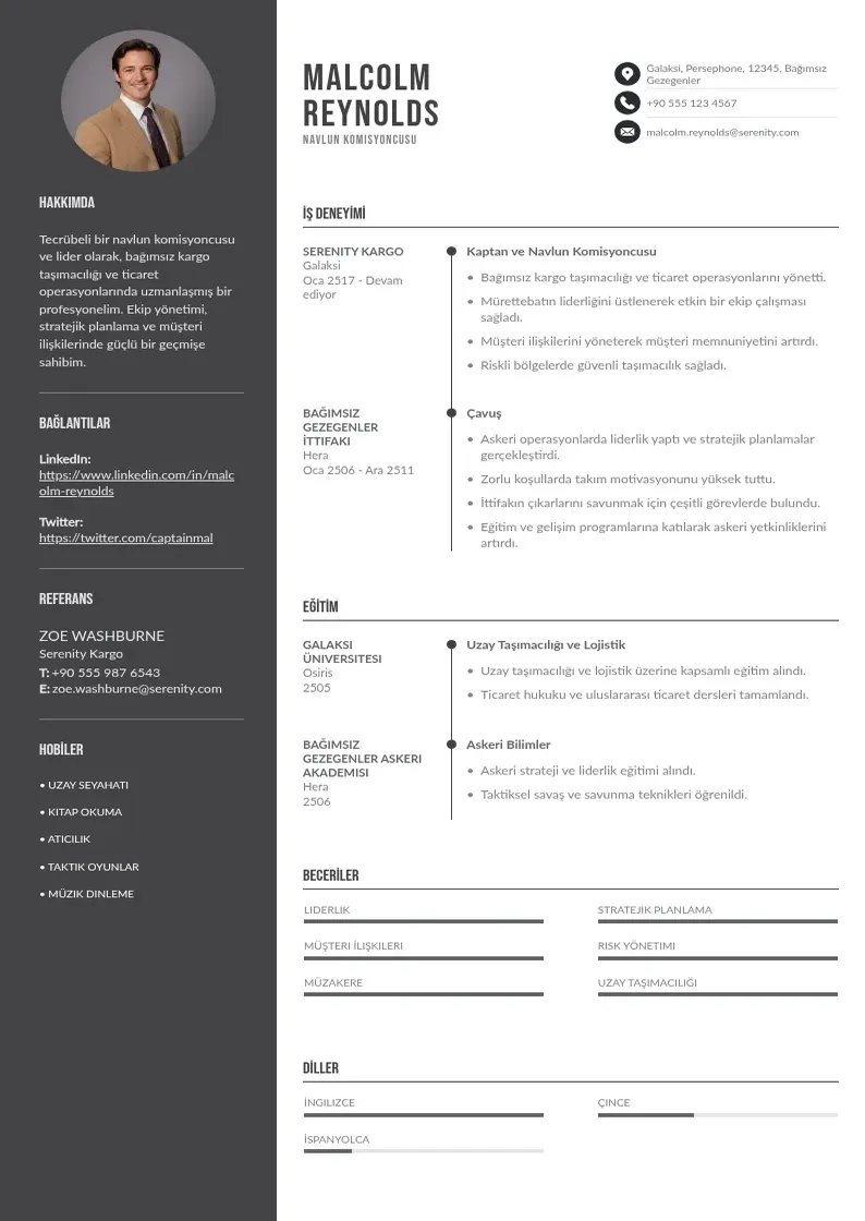 Divu kolonnu navlun komisyoncusu  CV piemērs