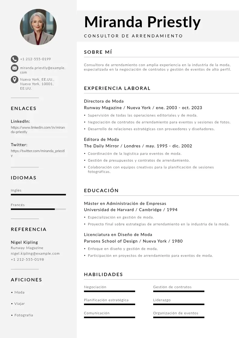 two column cv-consultor-de-arrendamiento resume example