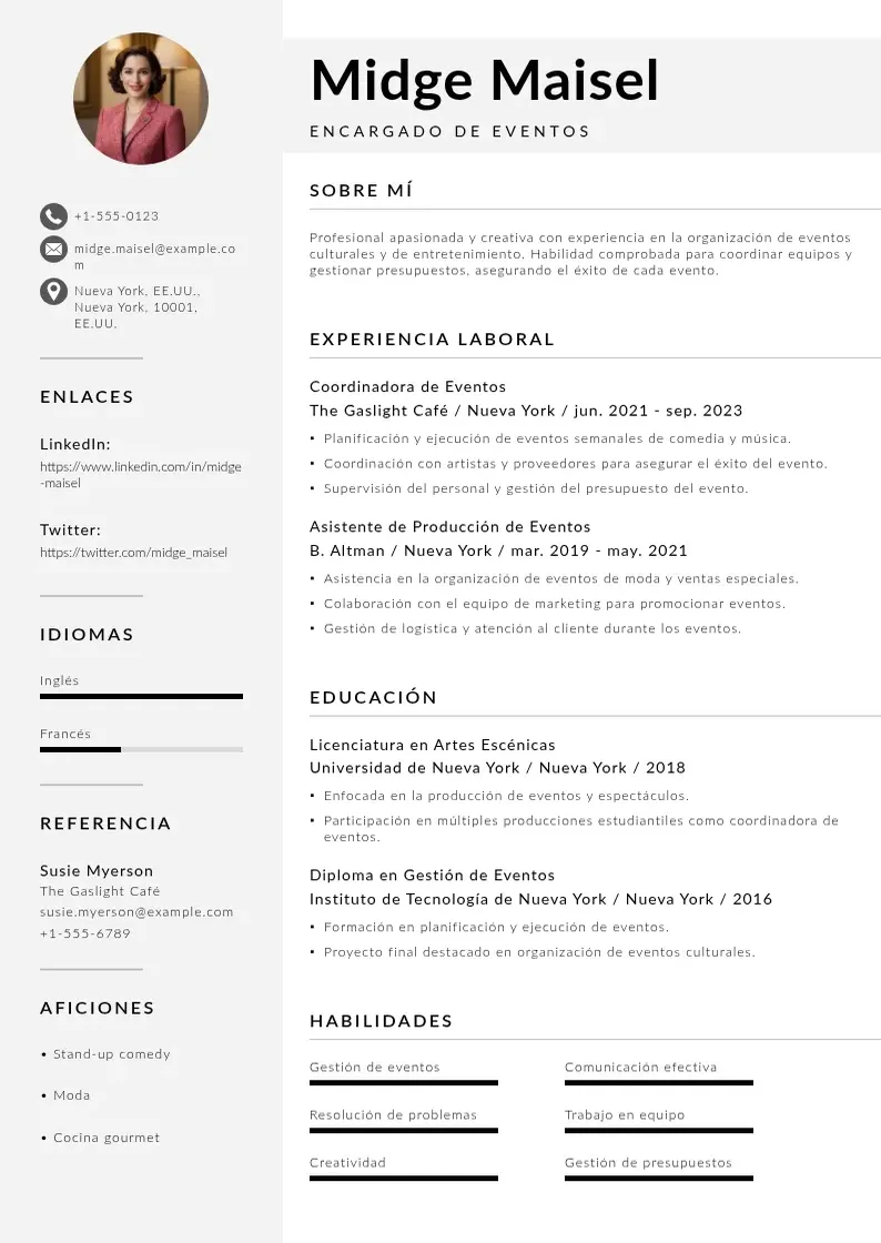 two column cv-encargado-de-eventos resume example