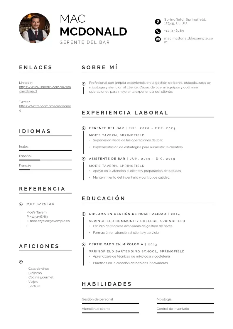 two column cv-gerente-del-bar resume example