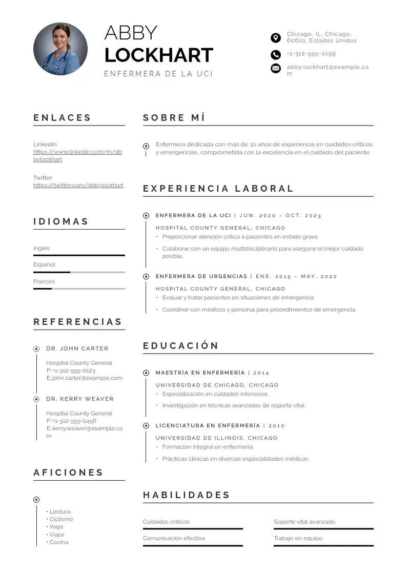 two column cv-enfermera-de-la-uci resume example