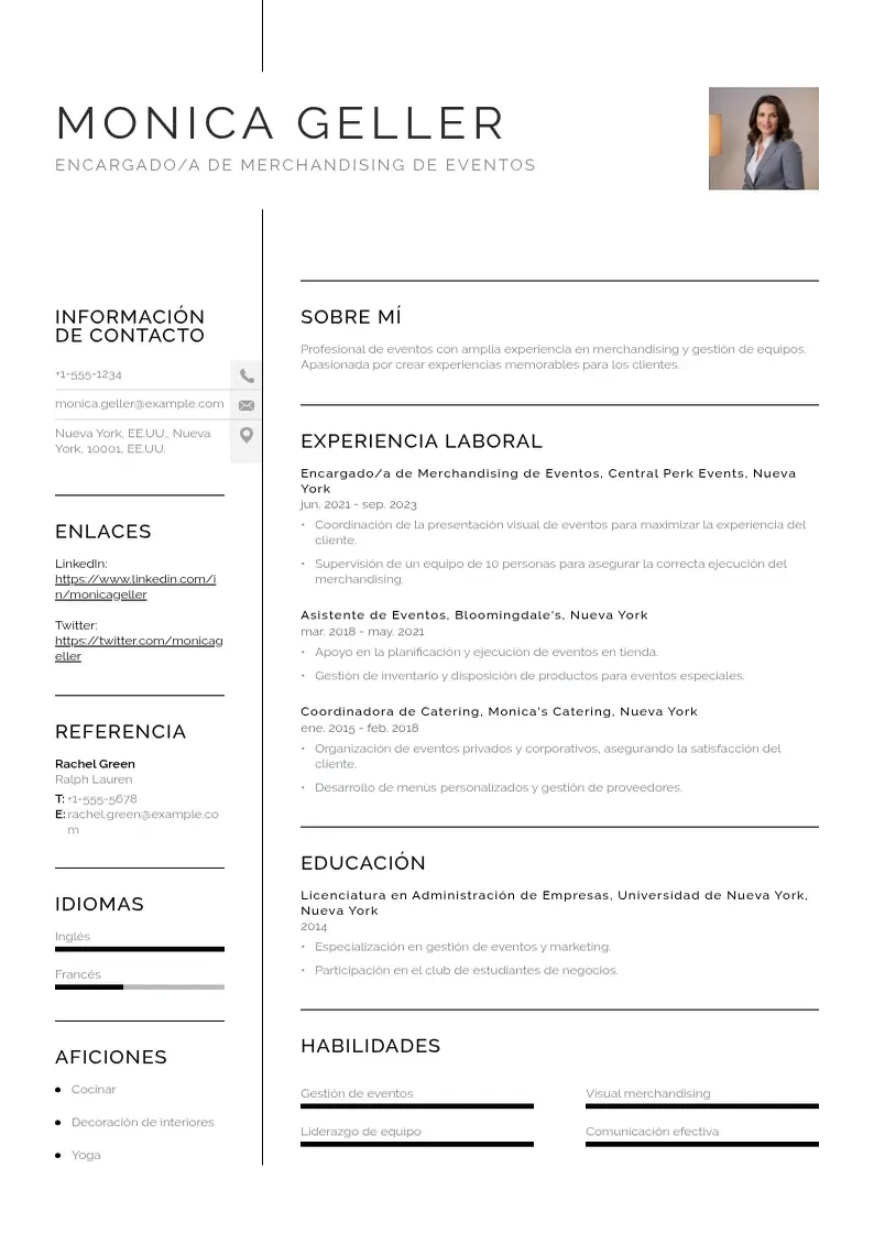two column encargadoa-de-merchandising-de-eventos resume example