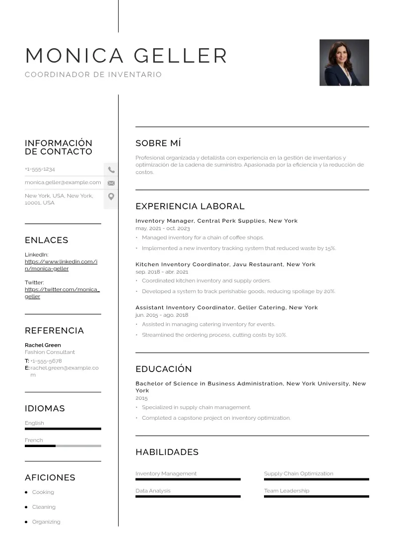 two column cv-coordinador-de-inventario resume example