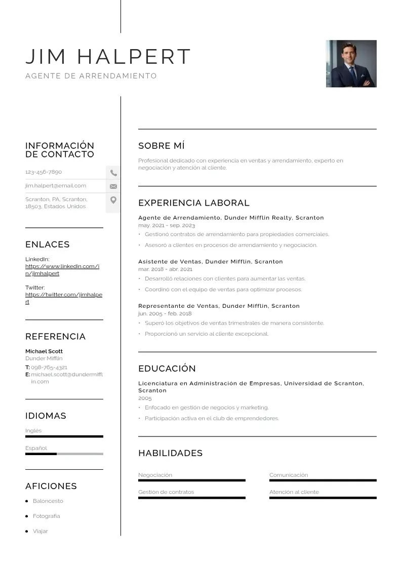two column cv-agente-de-arrendamiento resume example