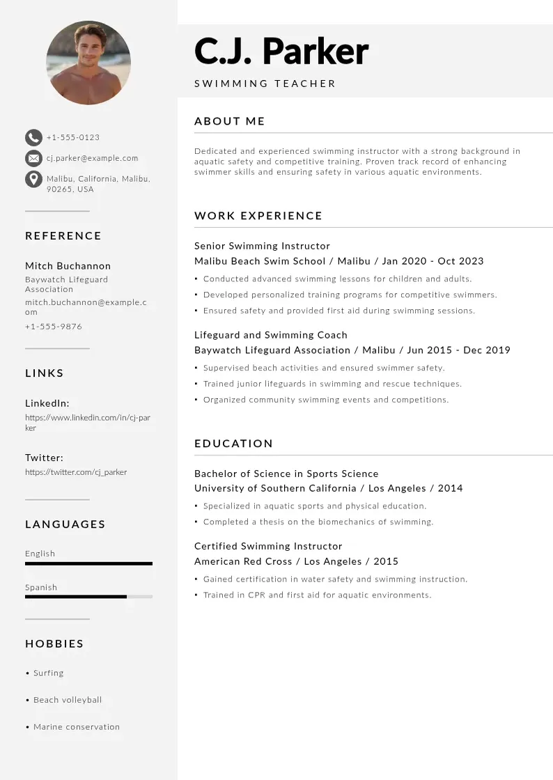 modern Swimming teacher resume resume template