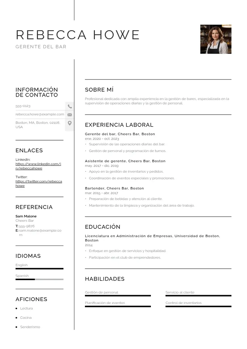 two column cv-gerente-del-bar resume example