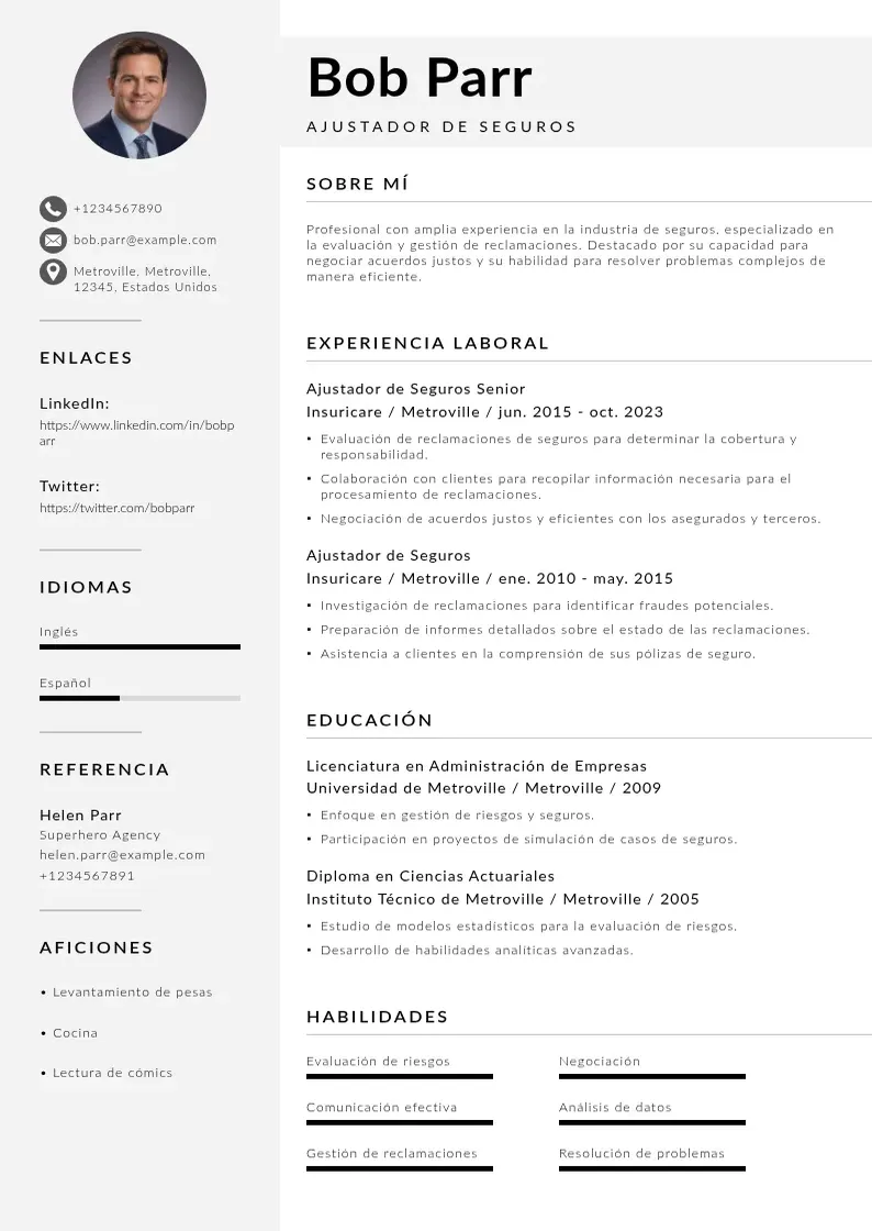 two column cv-ajustador-de-seguros resume example