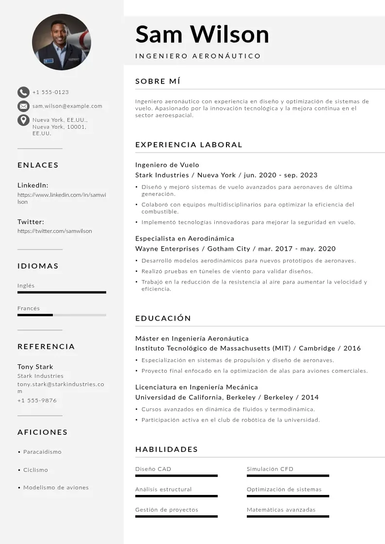 two column ingeniero-aeronautico resume example