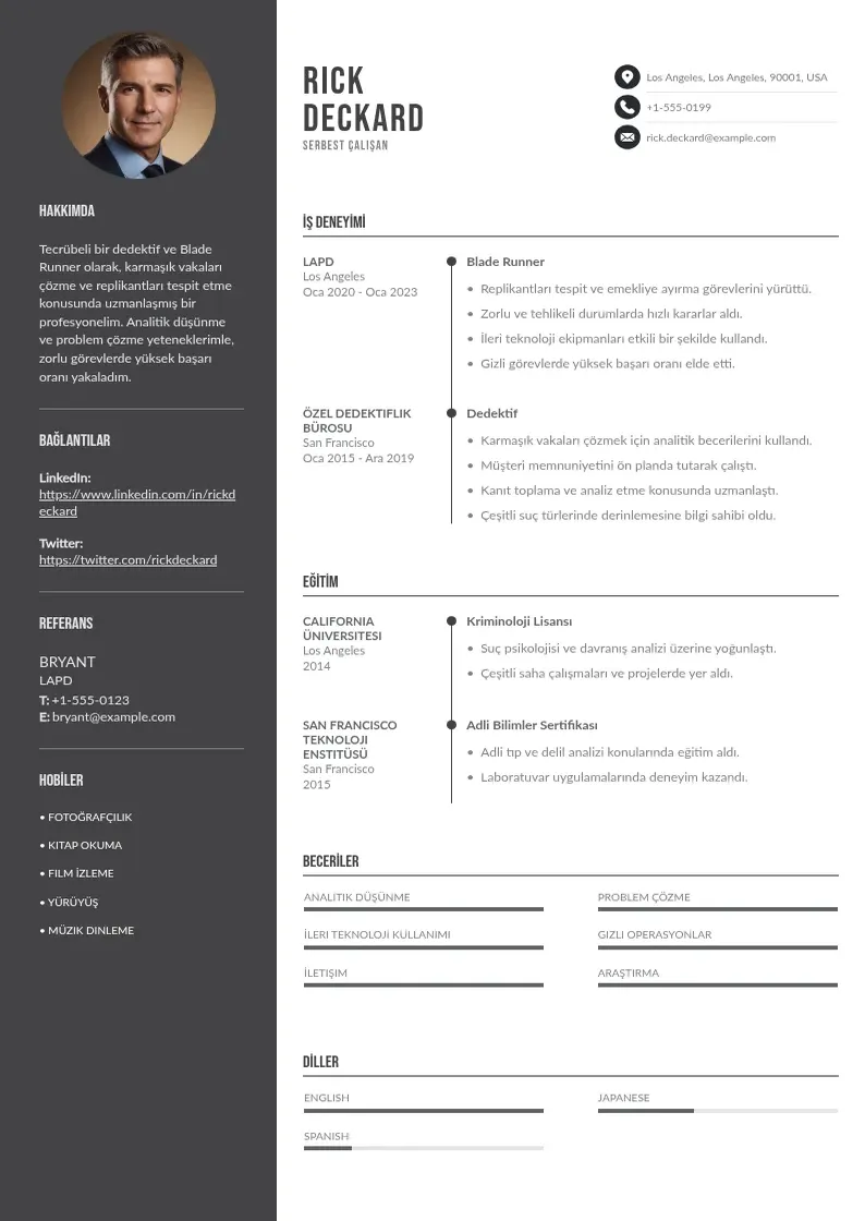 Divu kolonnu Serbest çalışan  CV piemērs