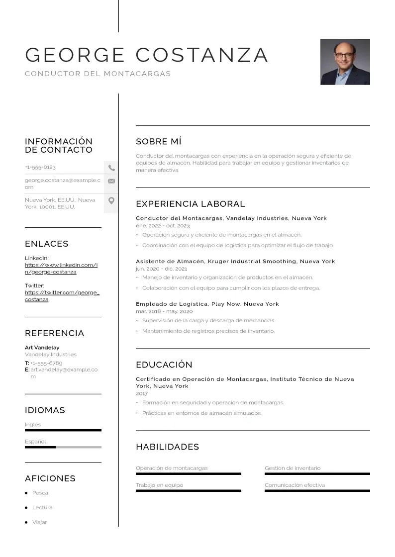 two column conductor-del-montacargas resume example