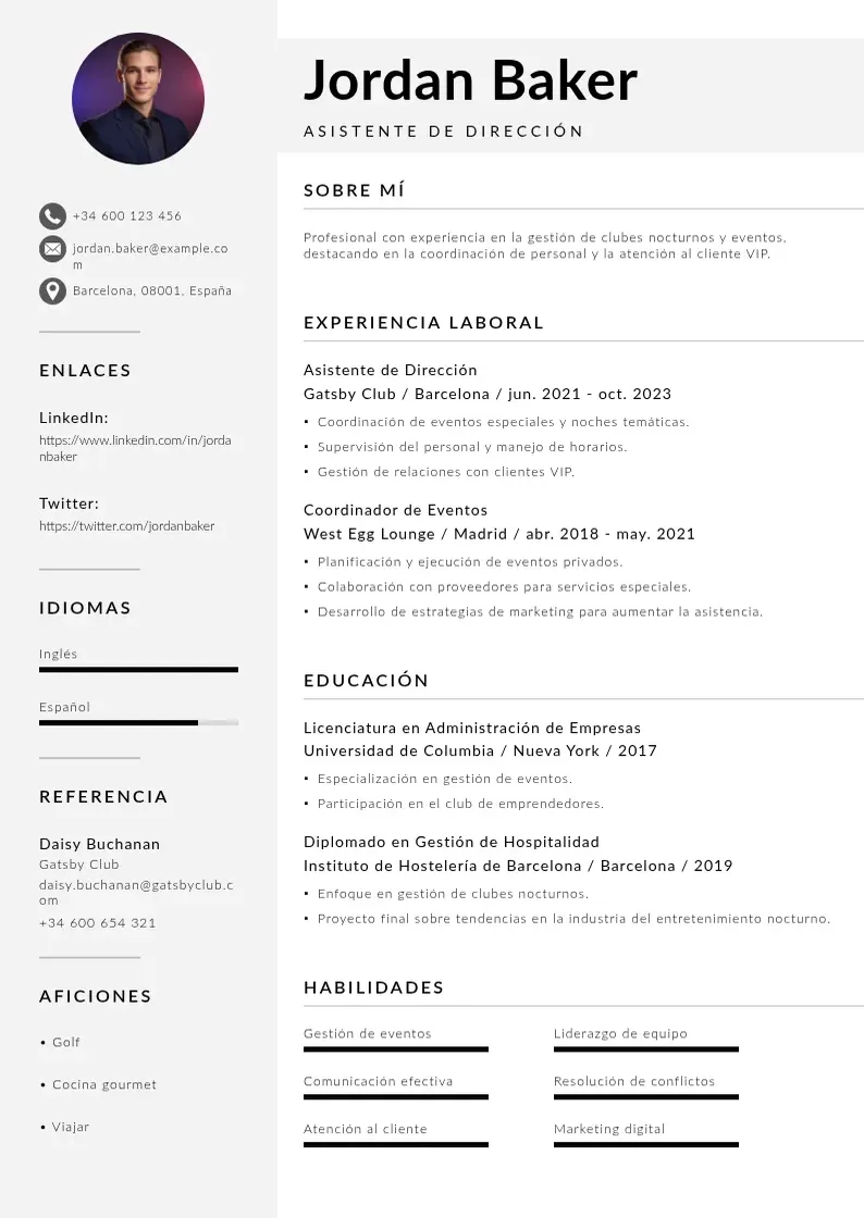 two column asistente-de-direccion-de-club-nocturno resume example