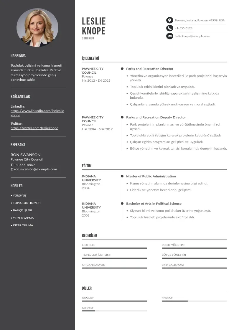 Divu kolonnu Sorumlu  CV piemērs