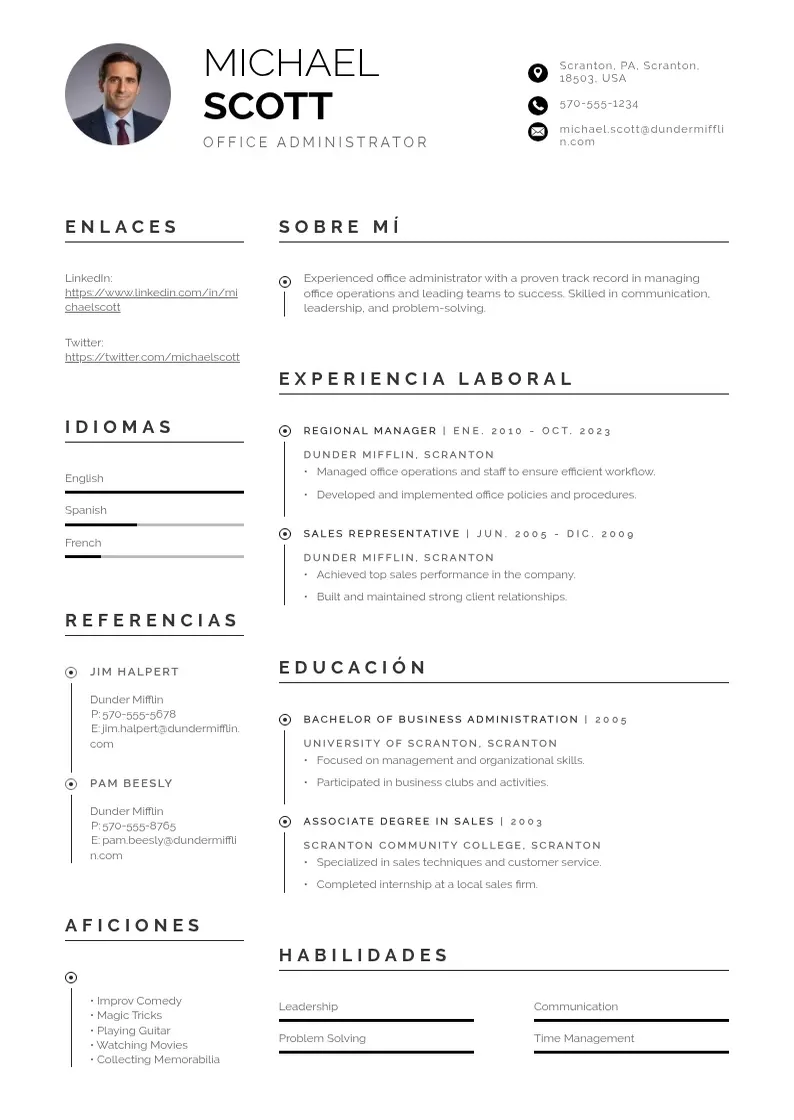 two column cv-oficina-del-administrador resume example