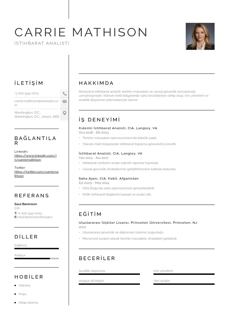 Vienkārša İstihbarat Analisti  CV piemērs