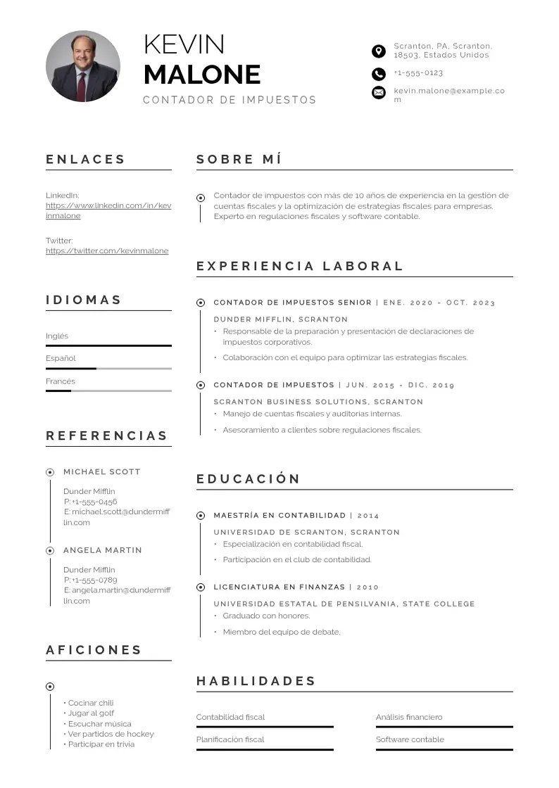 two column cv-contador-de-impuestos resume example