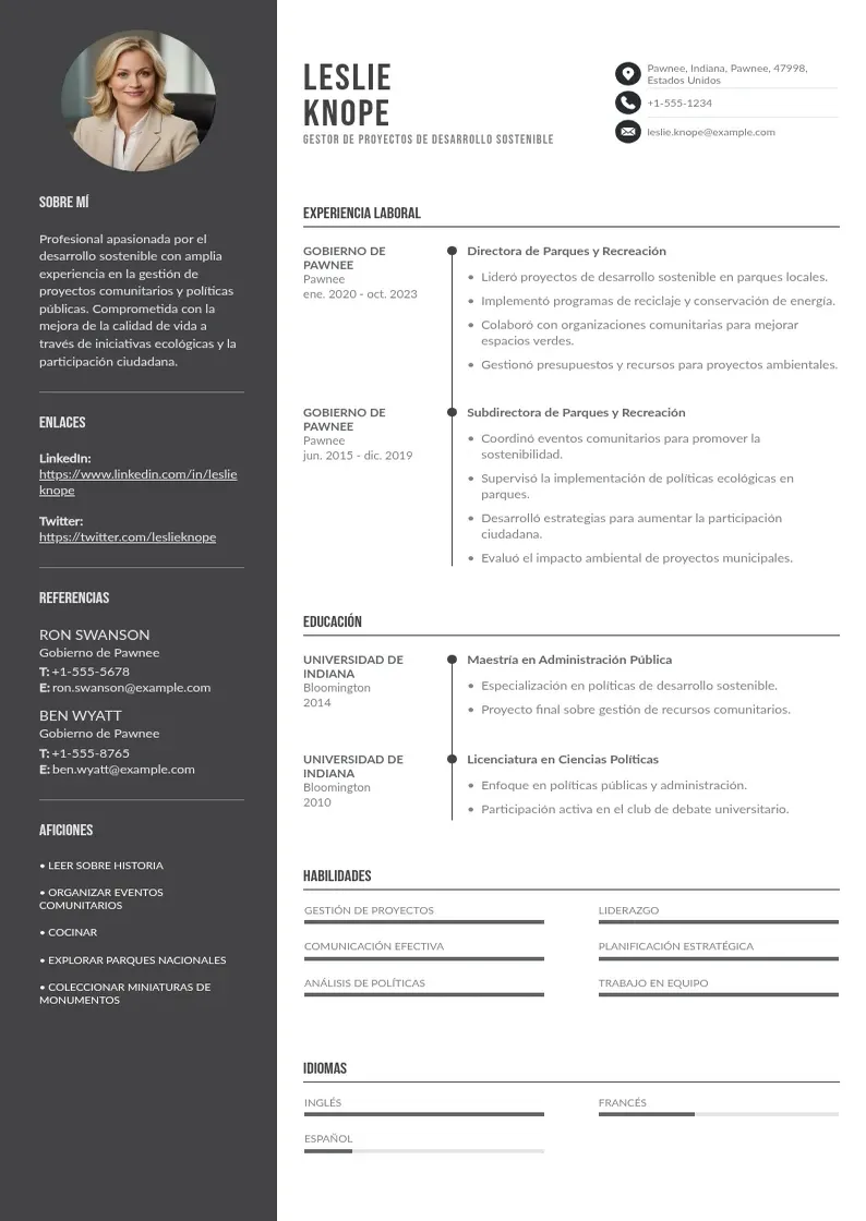 two column gestor-de-proyectos-de-desarrollo-sostenible resume example