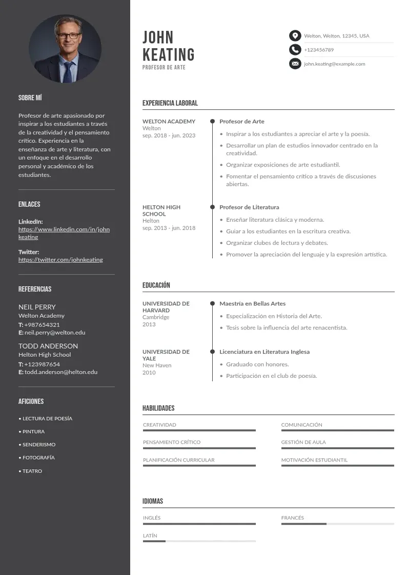 two column cv-profesor-de-arte resume example