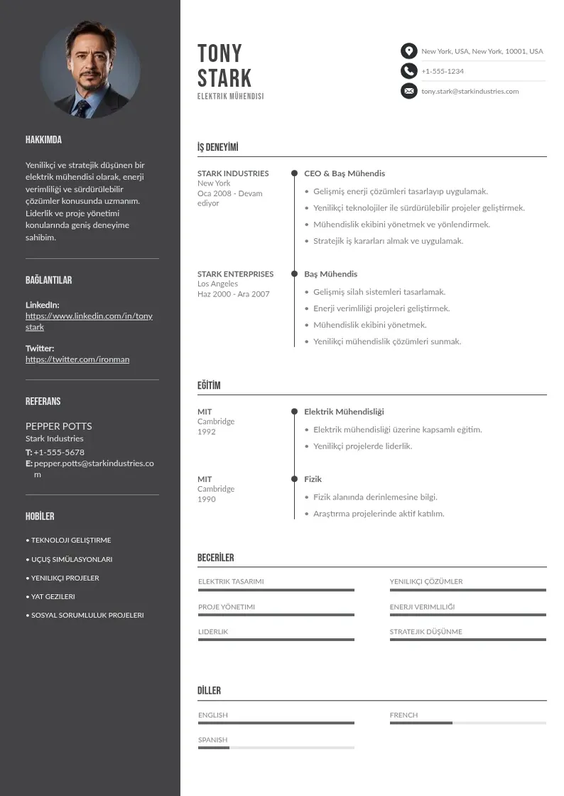 Divu kolonnu Elektrik mühendisi  CV piemērs
