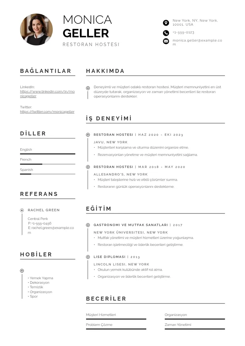 Profesionāla restoran hostesi  CV veidne