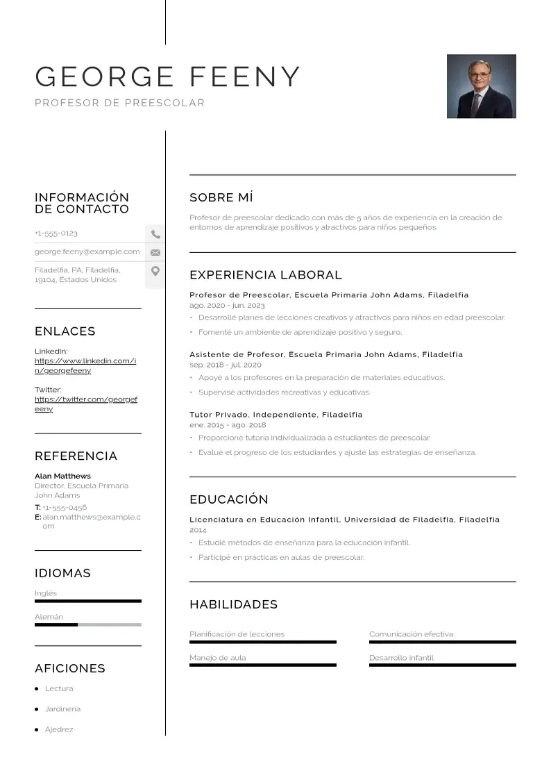 two column cv-profesor-de-preescolar resume example