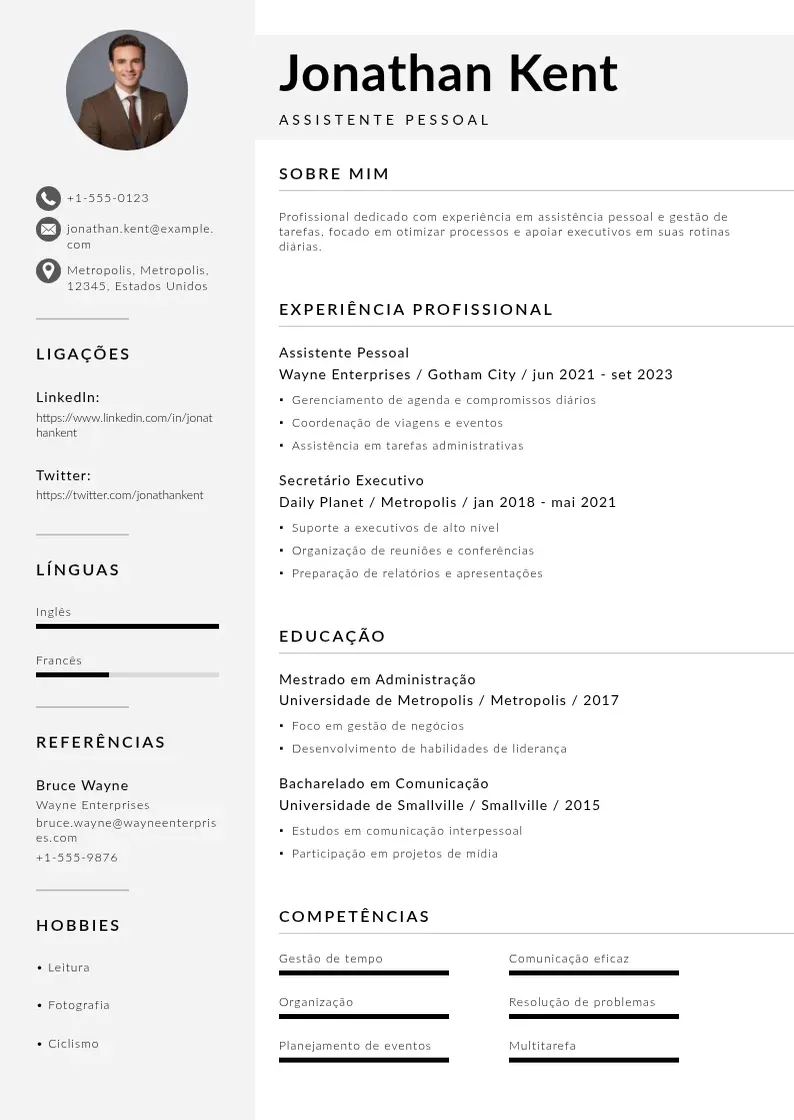 Modelo de currículo moderno de De assistente pessoal
