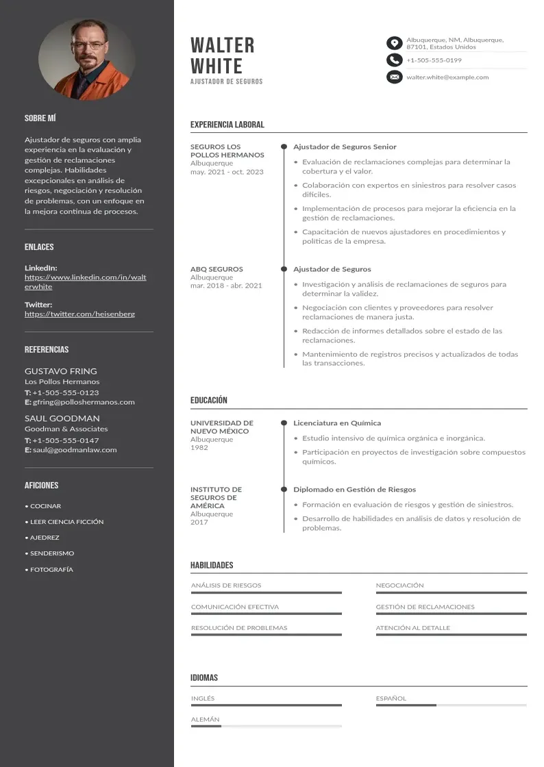 two column cv-ajustador-de-seguros resume example