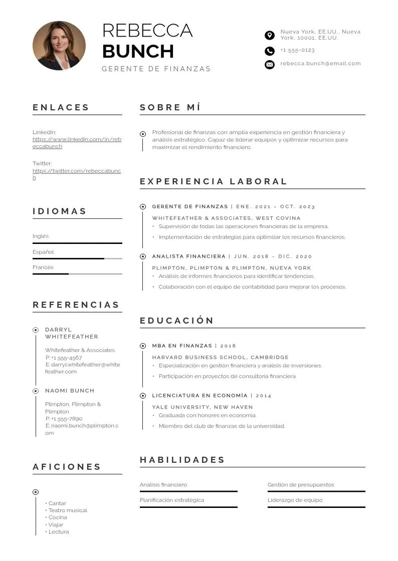 two column cv-gerente-de-finanzas resume example