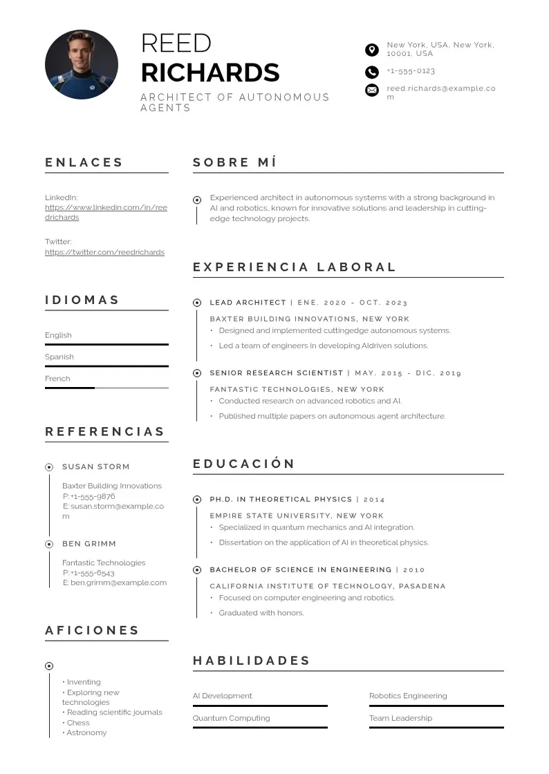 two column cv-de-arquitecto-de-agentes-autonomos resume example