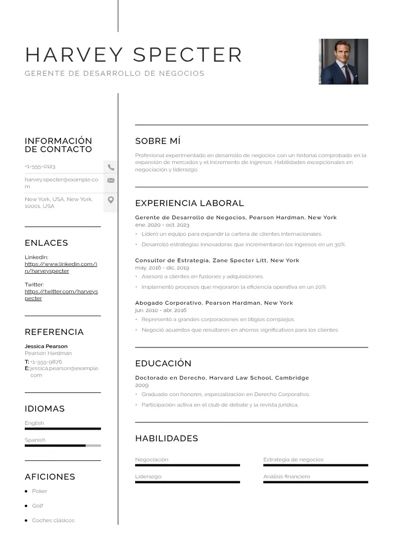 two column cv-gerente-de-desarrollo-de-negocios resume example