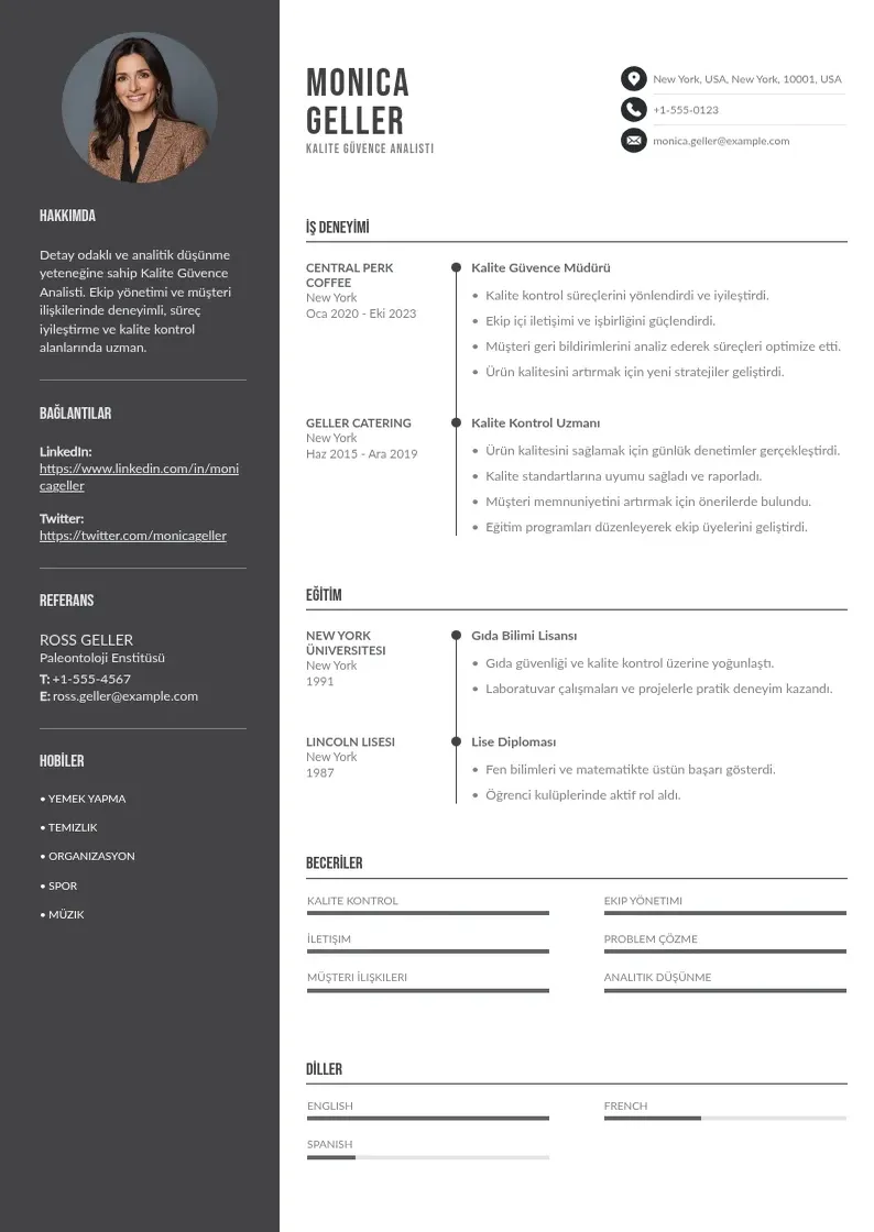 Divu kolonnu Kalite Güvence Analisti  CV piemērs