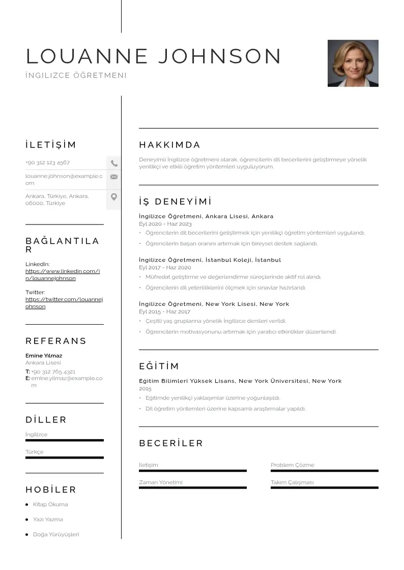 Vienkārša Ingilizce ogretmeni CV piemērs