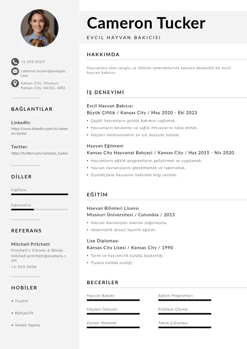 Mūsdienīga Evcil Hayvan bakıcısı  CV veidne